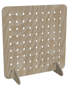 Wooden pegboard with holes and stands